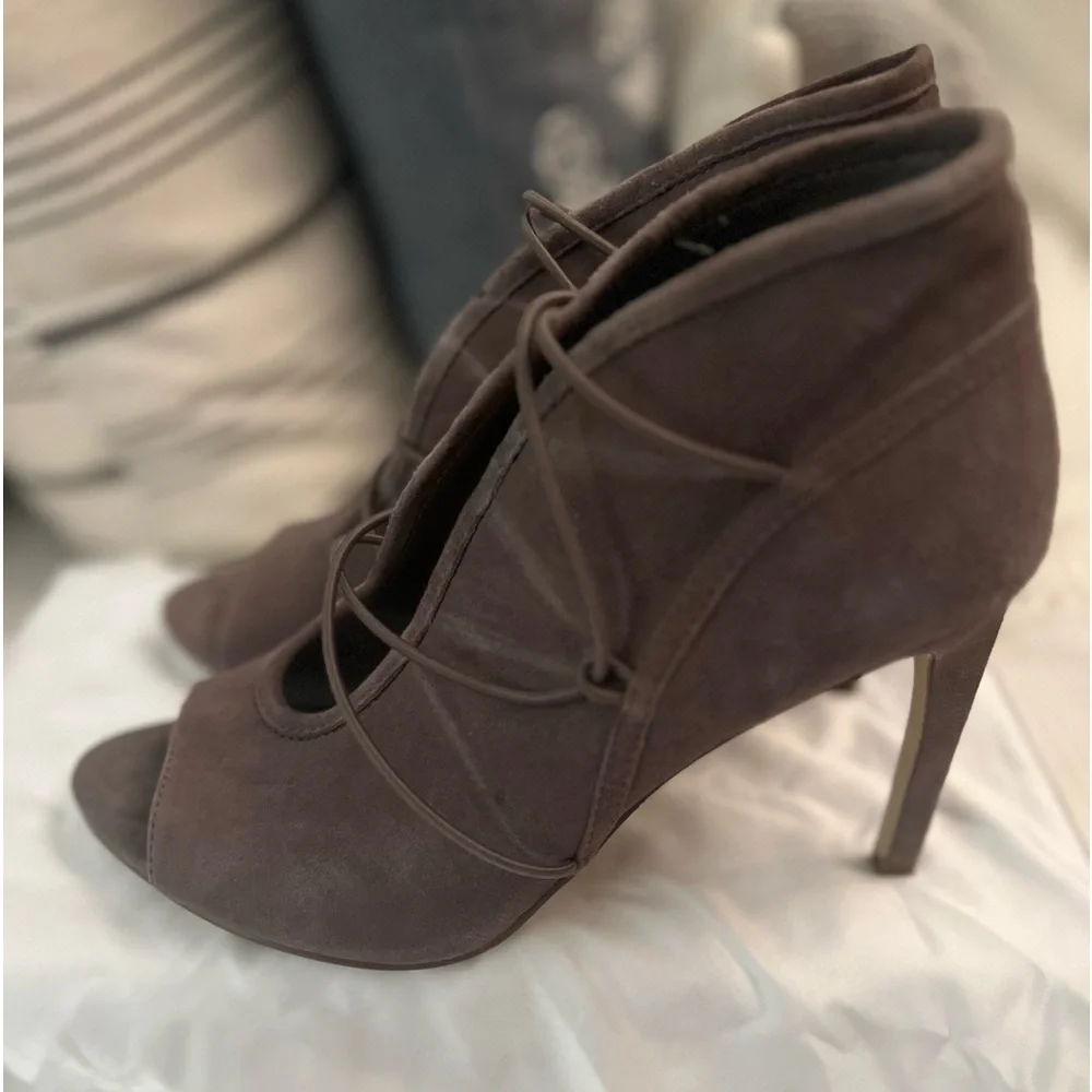 BCBG Suede Caged Open Toe Bootie